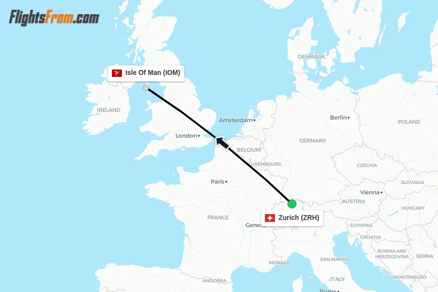 Flights from Zurich to Isle Of Man route map