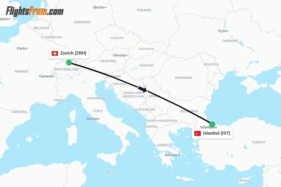 Flights from Zurich to Istanbul route map