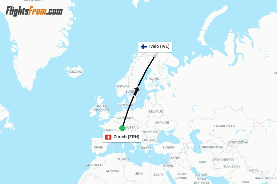 Flights from Zurich to Ivalo route map