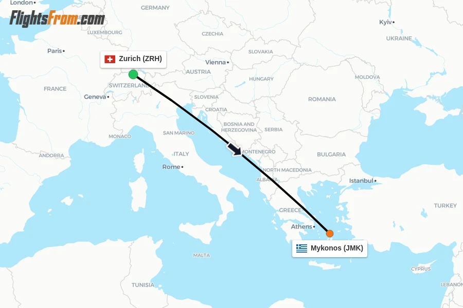 Flights from Zurich to Mykonos route map