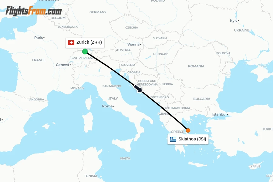 Flights from Zurich to Skiathos route map
