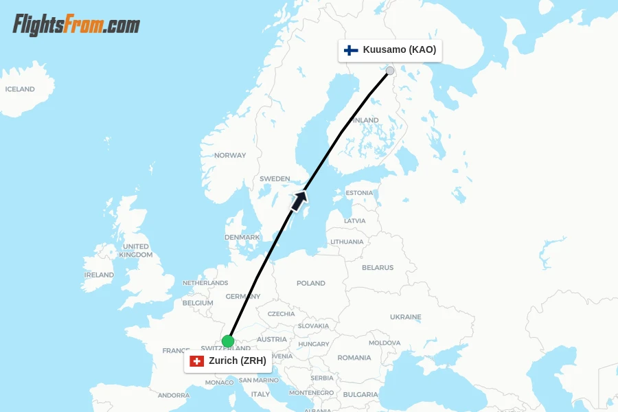 Flights from Zurich to Kuusamo route map