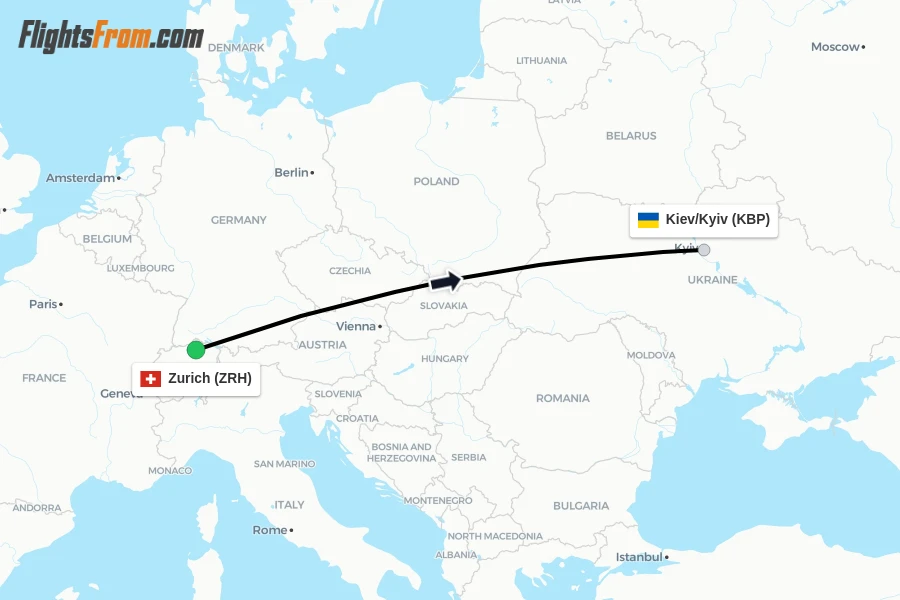 Flights from Zurich to Kiev/Kyiv route map