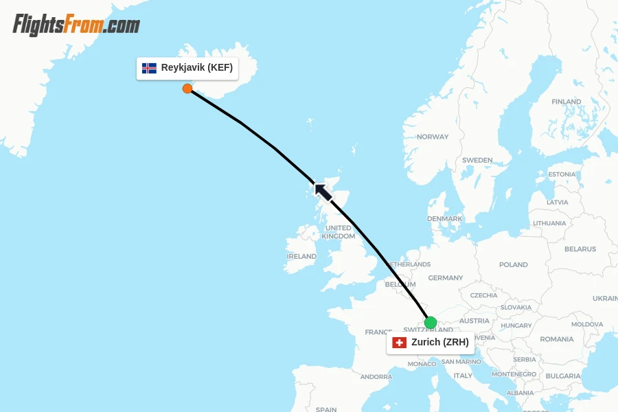 Flights from Zurich to Reykjavik route map