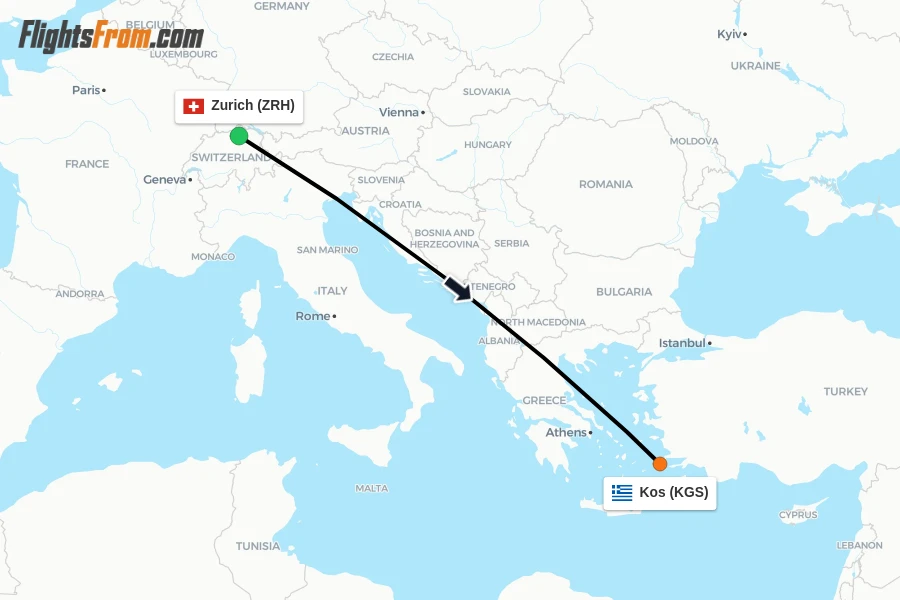 Flights from Zurich to Kos route map