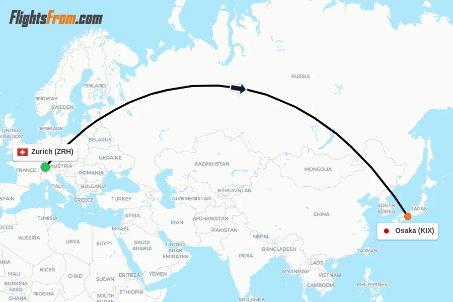 Flights from Zurich to Osaka route map