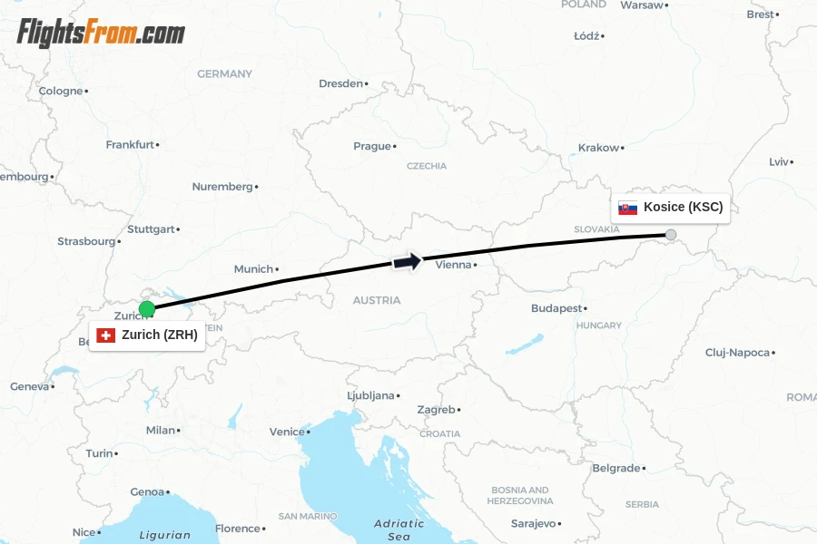 Flights from Zurich to Kosice route map