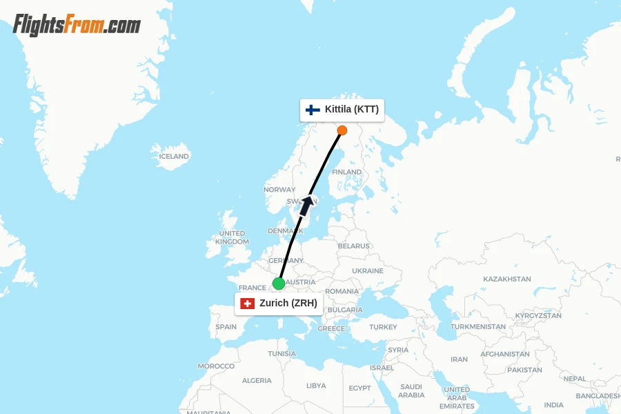 Flights from Zurich to Kittila route map