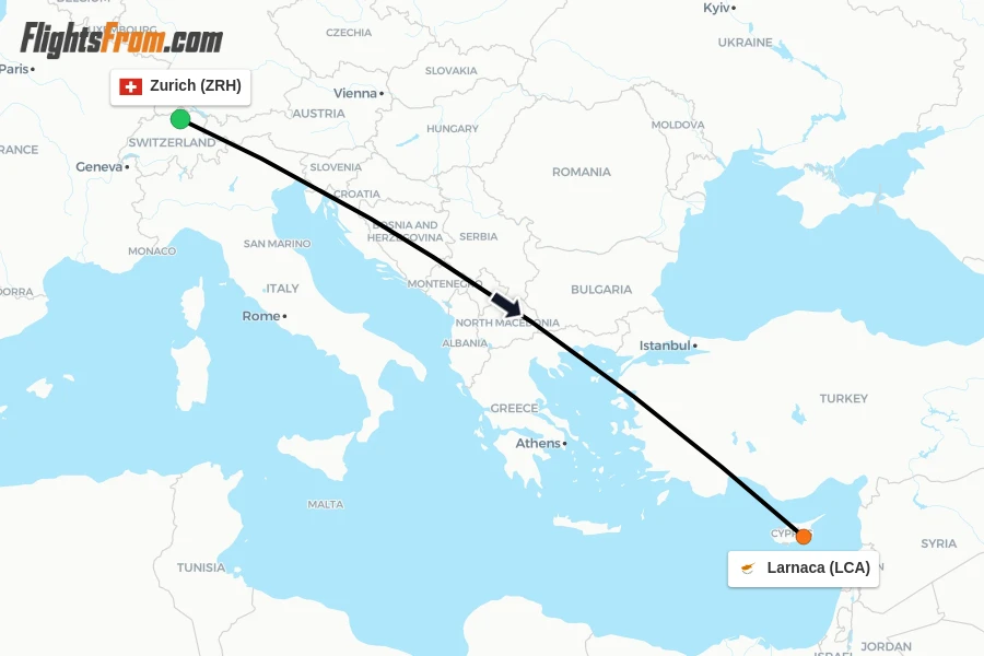 Flights from Zurich to Larnaca route map