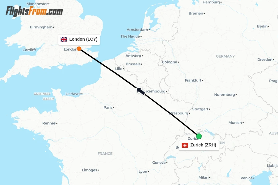 Flights from Zurich to London route map