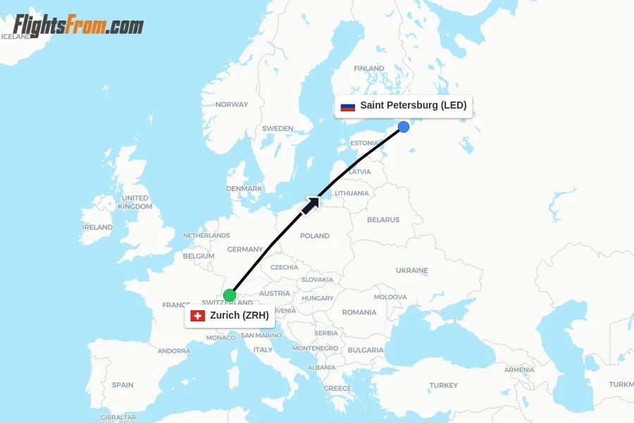 Flights from Zurich to Saint Petersburg route map