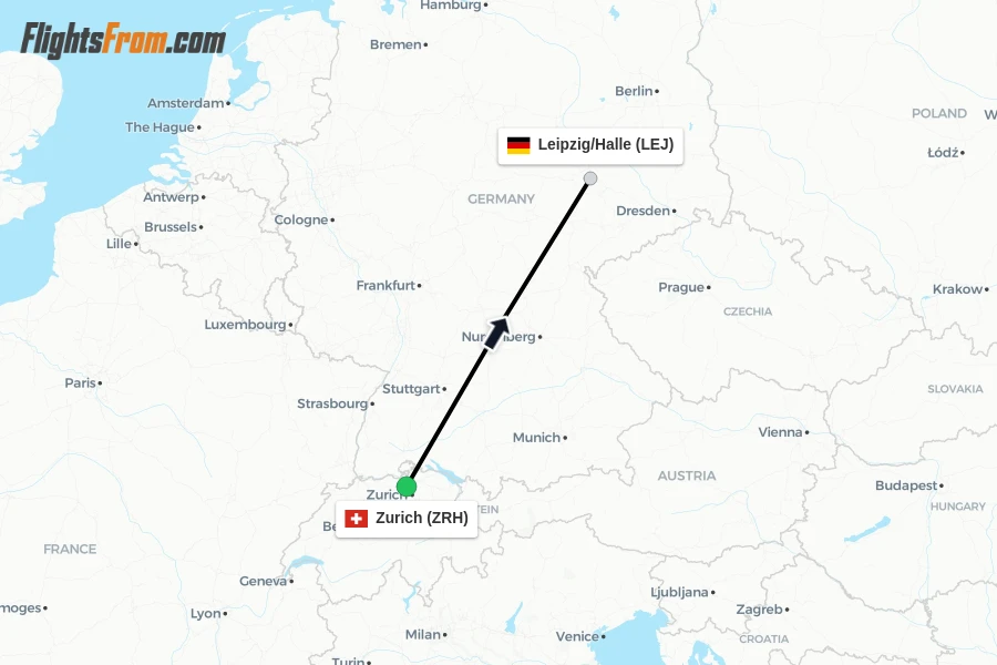 Flights from Zurich to Leipzig/Halle route map