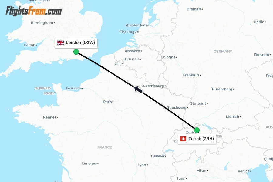 Flights from Zurich to London route map