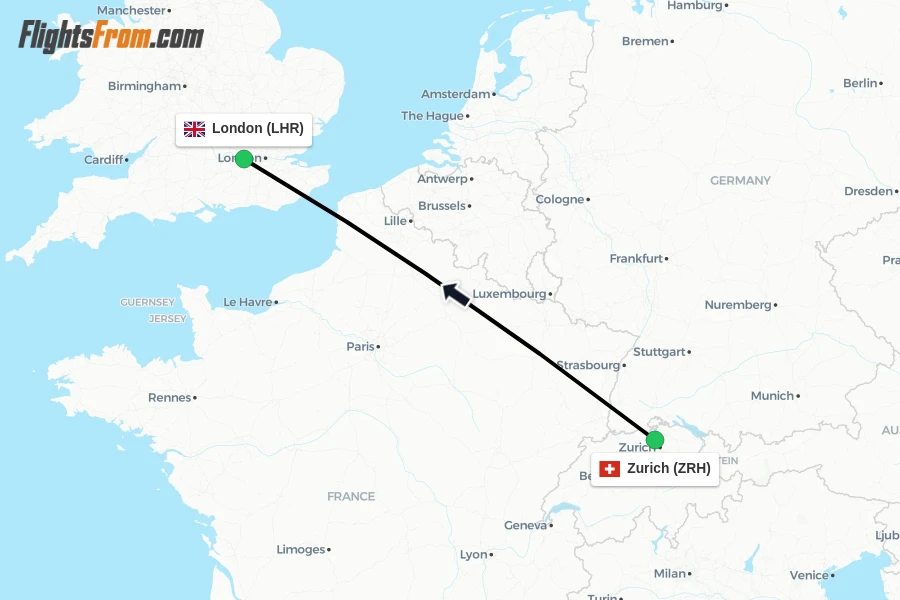 Flights from Zurich to London route map