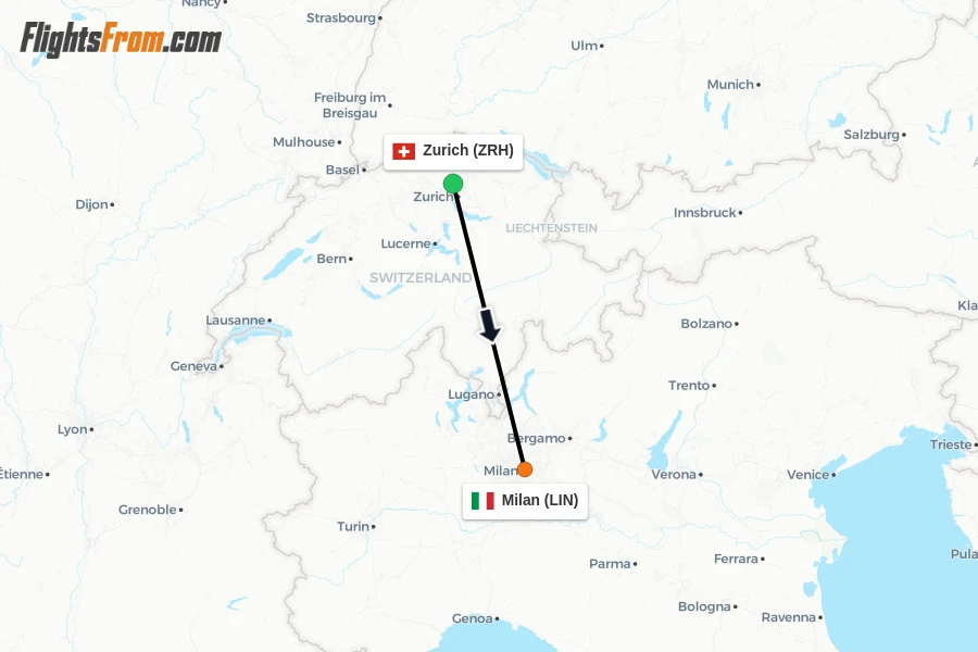Flights from Zurich to Milan route map