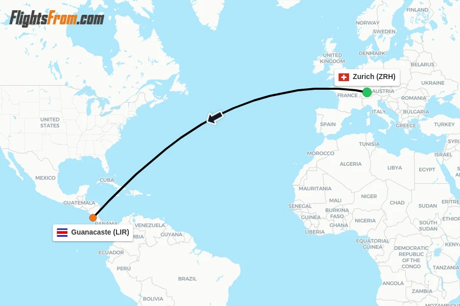 Flights from Zurich to Guanacaste route map