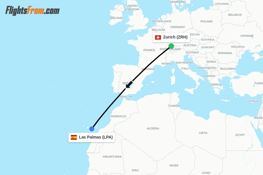 Flights from Zurich to Las Palmas route map