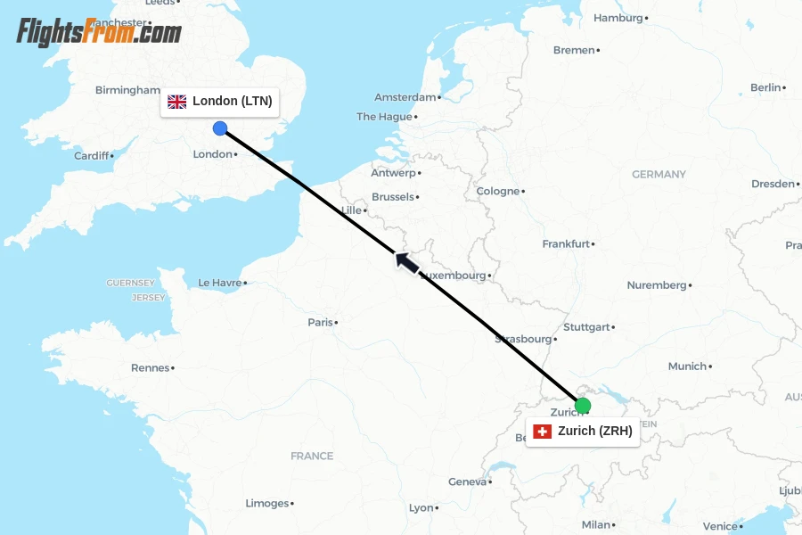 Flights from Zurich to London route map