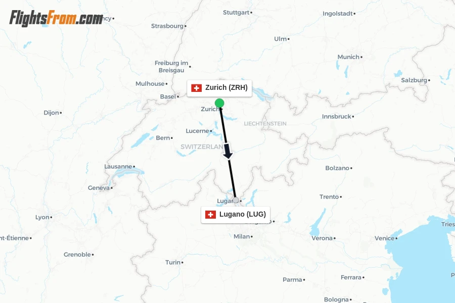Flights from Zurich to Lugano route map