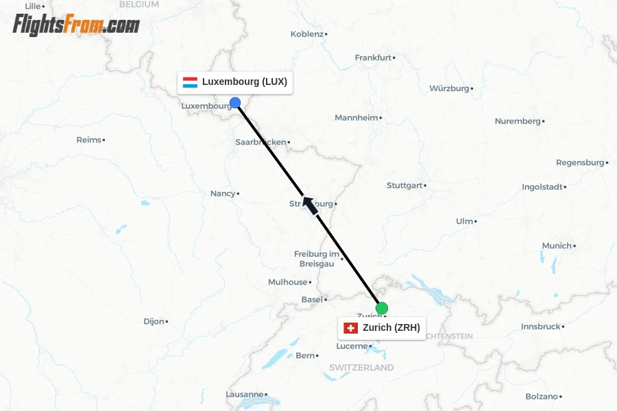 Flights from Zurich to Luxembourg route map