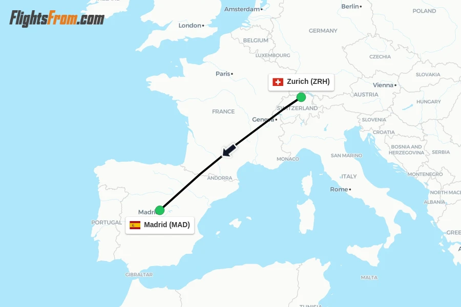 Flights from Zurich to Madrid route map