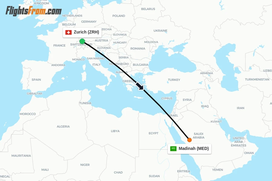 Flights from Zurich to Madinah route map