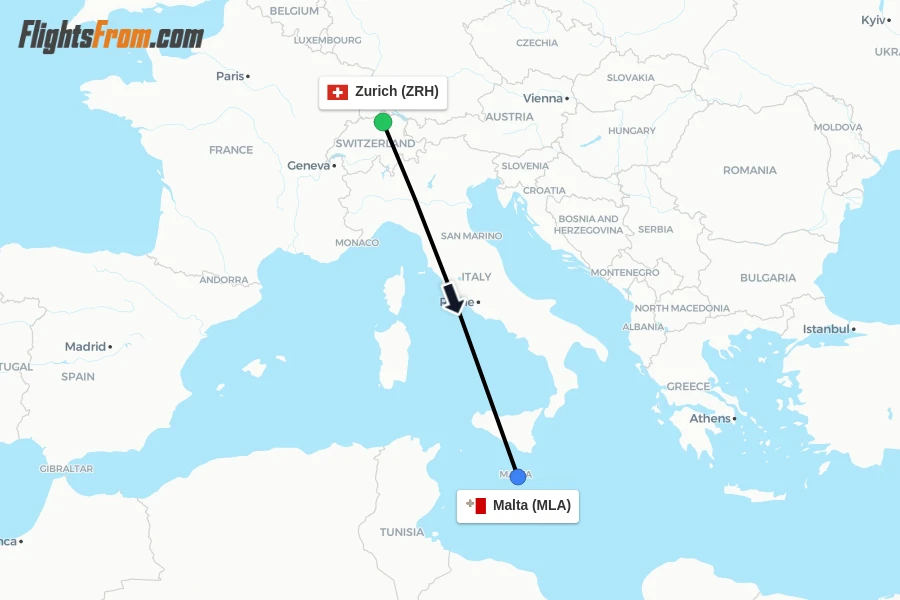 Flights from Zurich to Malta route map