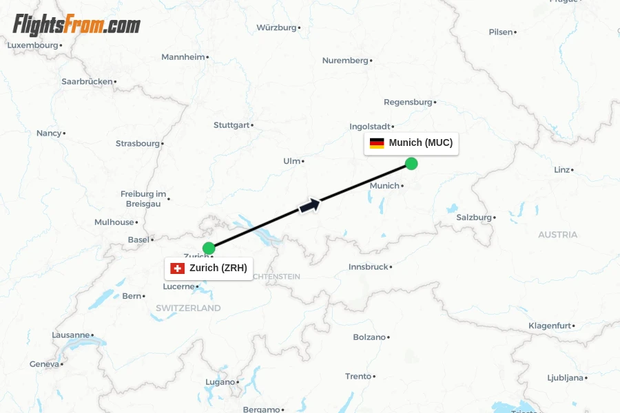 Flights from Zurich to Munich route map