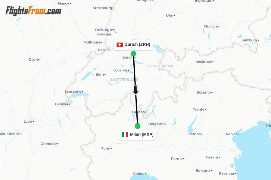 Flights from Zurich to Milan route map