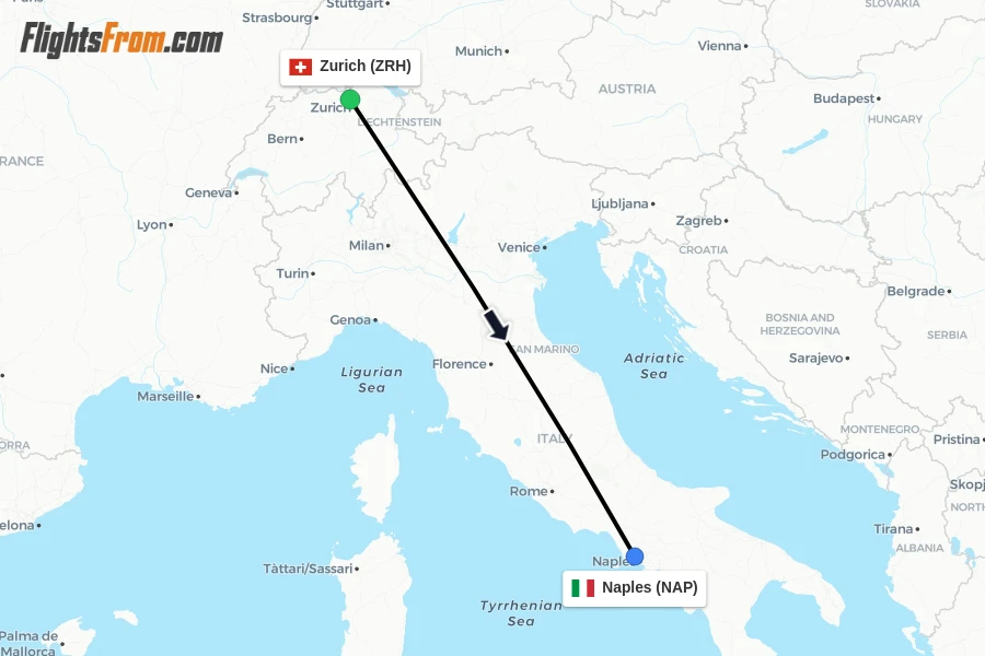 Flights from Zurich to Naples route map