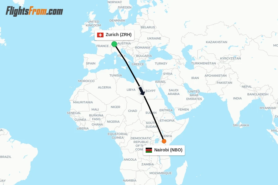 Flights from Zurich to Nairobi route map