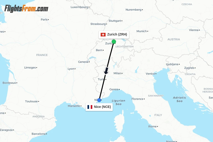 Flights from Zurich to Nice route map