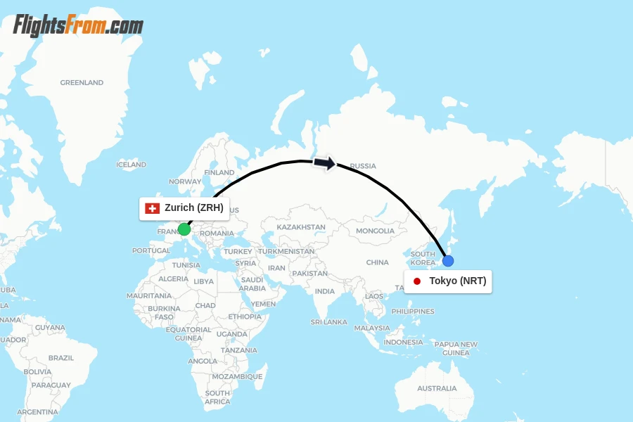 Flights from Zurich to Tokyo route map