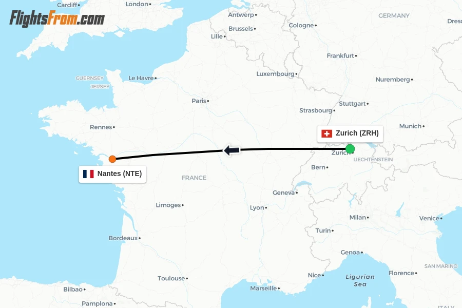 Flights from Zurich to Nantes route map