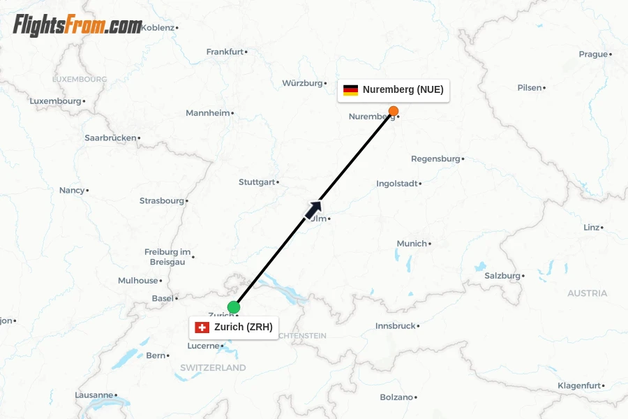 Flights from Zurich to Nuremberg route map