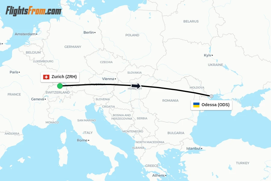 Flights from Zurich to Odessa route map