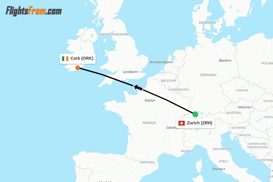 Flights from Zurich to Cork route map