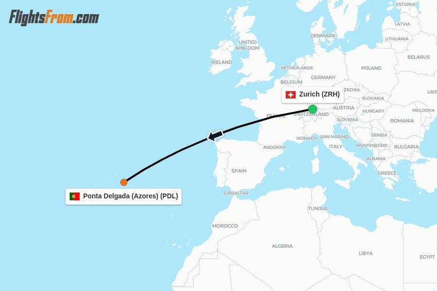 Flights from Zurich to Ponta Delgada (Azores) route map