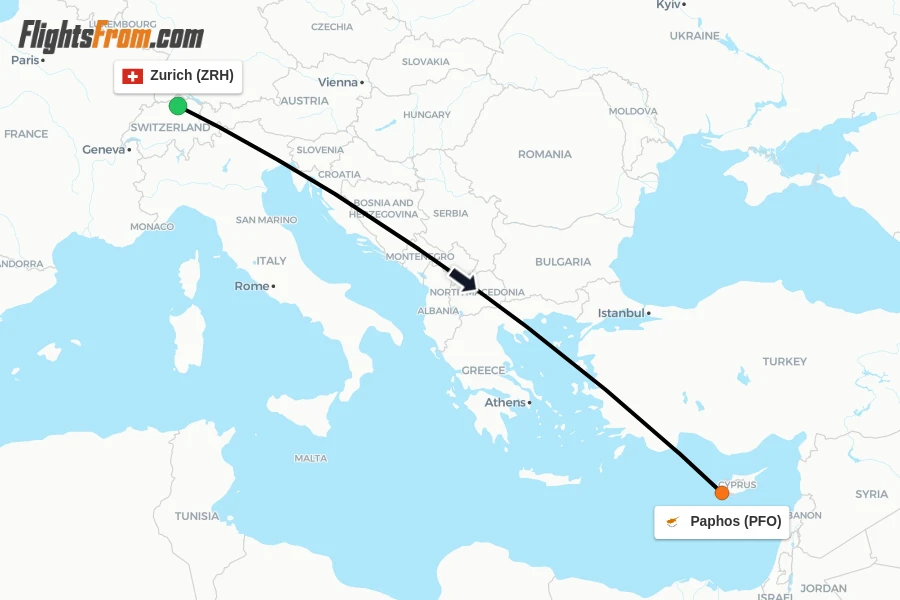 Flights from Zurich to Paphos route map