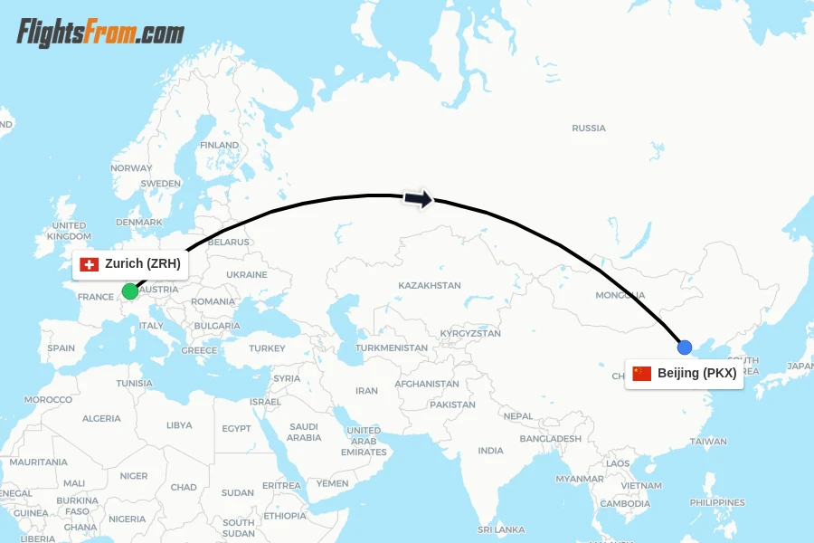 Flights from Zurich to Beijing route map