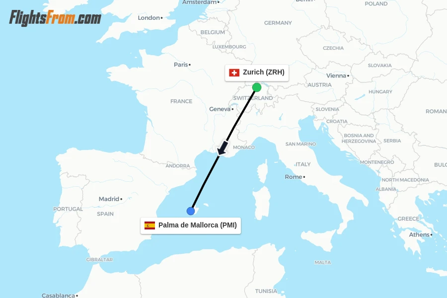 Flights from Zurich to Palma de Mallorca route map