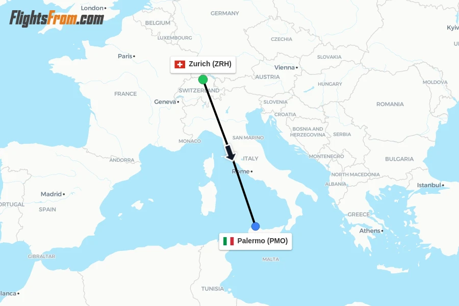 Flights from Zurich to Palermo route map