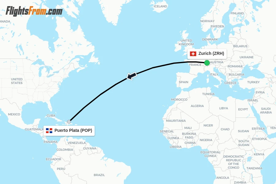 Flights from Zurich to Puerto Plata route map
