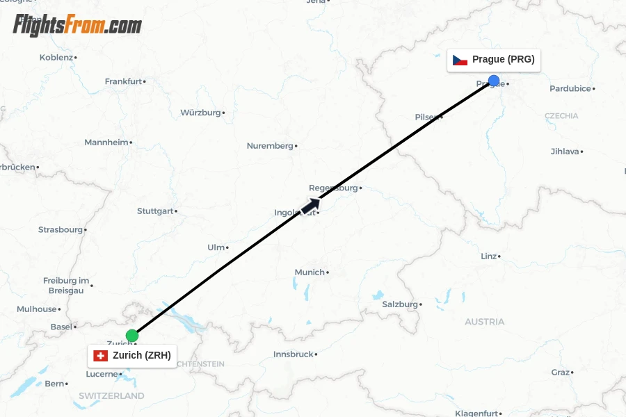 Flights from Zurich to Prague route map