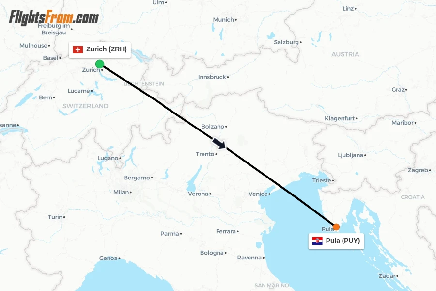 Flights from Zurich to Pula route map
