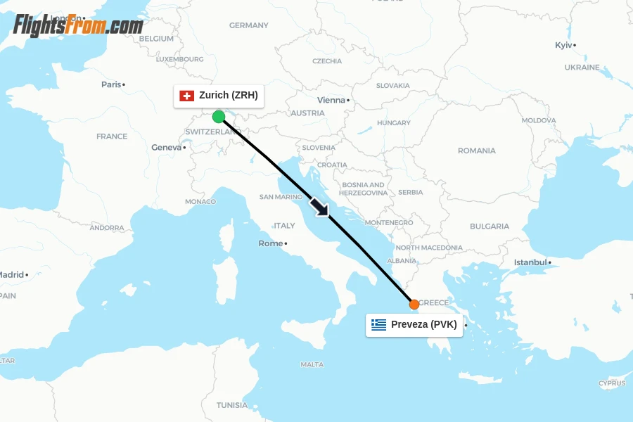 Flights from Zurich to Preveza route map