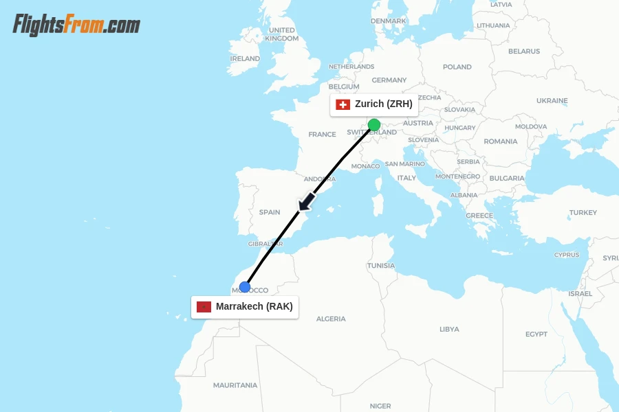 Flights from Zurich to Marrakech route map
