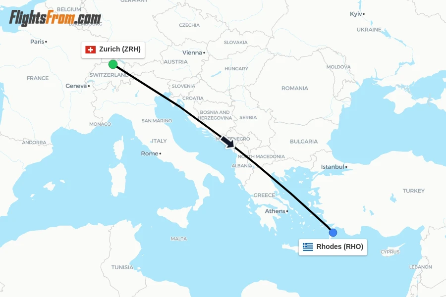 Flights from Zurich to Rhodes route map