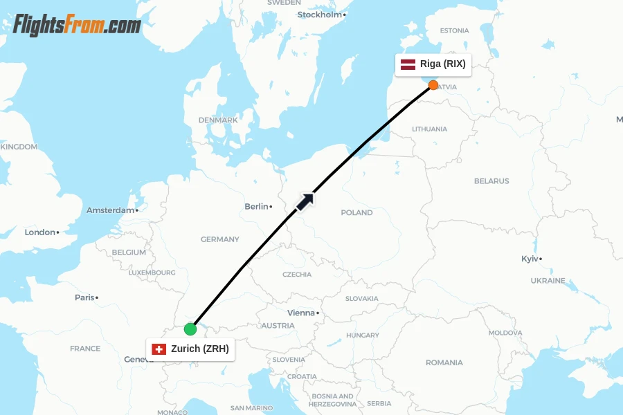 Flights from Zurich to Riga route map