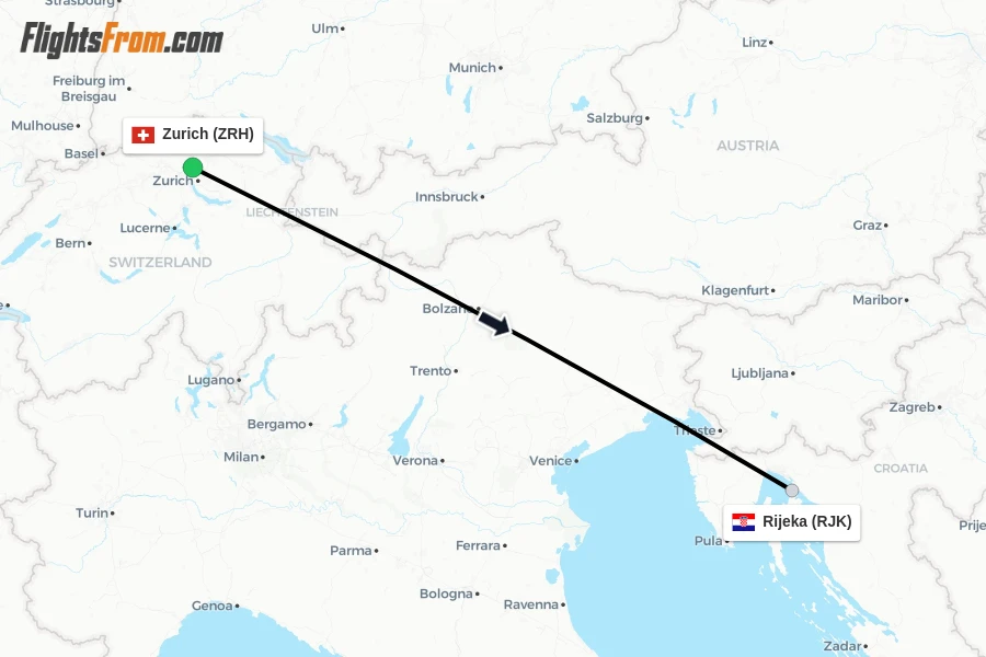 Flights from Zurich to Rijeka route map